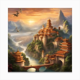 Dragons Flying Over A City Canvas Print