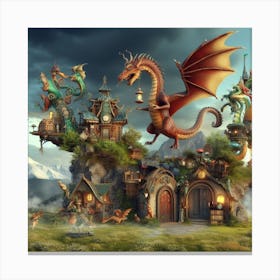 Fantasy Castle With Dragons Canvas Print