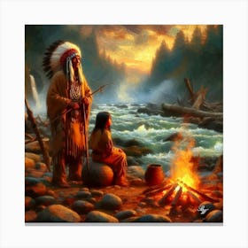 Oil Texture Native American Father And Daughter By Stream Copy Canvas Print