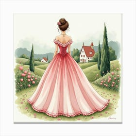 Romantic Gown Watercolor, With A Charming Village Scene 1 Canvas Print