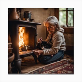 Old Woman With Cat By The Fire Canvas Print