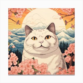 Ukiyoe painting of a White Cat In Cherry Blossoms Canvas Print