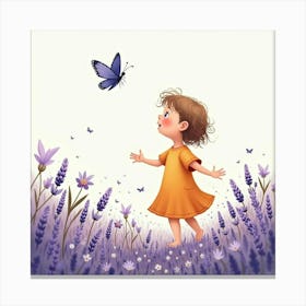 Toddler Chasing A Butterfly In A Watercolor Field Of Lavender Flowers Canvas Print