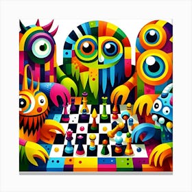 Brightly Colored And Low Resolution Cubism Monsters Playing Chess 2 Canvas Print