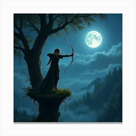 Elven Archer Aiming An Ethereal Arrow From A High Tree Platform, Moonlit Night 1 Canvas Print