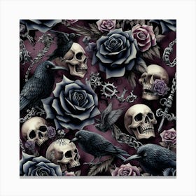 Gothic Skulls And Black Roses Pattern Canvas Print