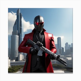 The Image Depicts A Man In A Black Suit And Helmet Standing In Front Of A Large, Modern Cityscape 3 Canvas Print