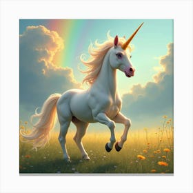 A Unicorn With A Shimmering Mane Prancing Through A Rainbow Field 1 Canvas Print