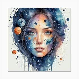 Watercolor Of A Girl With Planets 5 Canvas Print