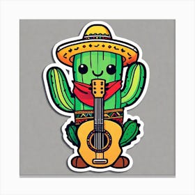 Cactus Wearing Mexican Sombrero And Poncho And Guitar Sticker 2d Cute Fantasy Dreamy Vector Ill (38) Canvas Print