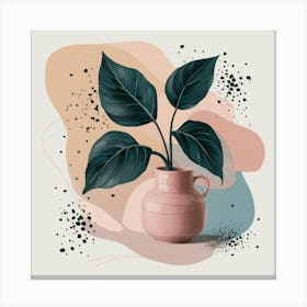 A stunning painting of a plant with dark green leaves, artistically placed in a pink ceramic vase. 1 Canvas Print