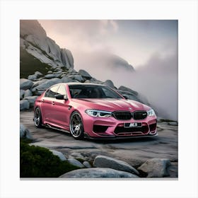 A Highly Detailed, Realistically Rendered 3d Model Of A Pink BMW M5, Adorned With A Sleek, High Performance Full Body Kit, Parked On The Summit Of A Rugged, Mist Shrouded Mountain, Surrounded By Granite Boulders And Patches Of Lush Landscape (1) Canvas Print