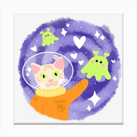 Cartoon cat with friendly aliens in the outer space Canvas Print