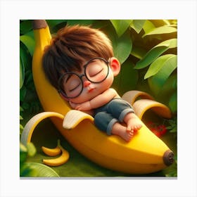 Cute Little Boy Sleeping On A Banana Canvas Print