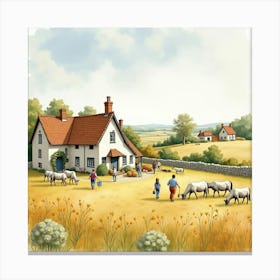 A Watercolor Of An English Countryside Farm With People Participating In A Seasonal Harvest Festival 1 Canvas Print