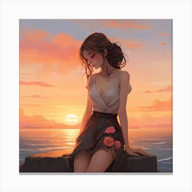Girl Sitting On A Rock At Sunset Canvas Print