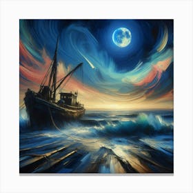 Capturing Maritime Mystique: Greg Rutkowski's Forgotten Fishing Boat - Moonlit Sky, Bold Strokes, and Intricate Details | Trending on ArtStation! Canvas Print