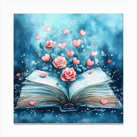 Watercolor Romantic Book Roses Hearts 10 Canvas Print