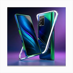 A Highly Detailed, Futuristic 3d Rendered Depiction Of A Sleek Mobile Phone, Showcasing A Vibrant, Electric Blue And Neon Green Color Scheme With Metallic Accents, Set Against A Dark, Gradient Purple Background    Canvas Print