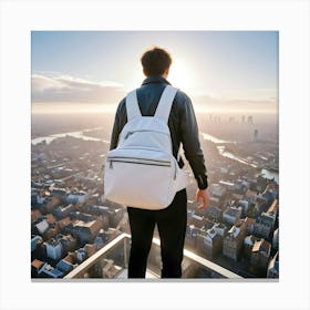 Man With White Backpack Looking At Cityscape From Rooftop Canvas Print