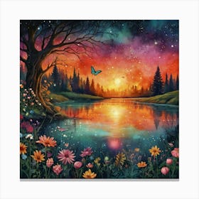 Sunset By The Lake The Magic of Watercolor: A Deep Dive into Undine, the Stunningly Beautiful Asian Goddess Canvas Print