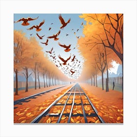Autumn Train Tracks With Birds Canvas Print