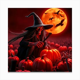 Witch On Pumpkin Field With Red Moon -Diverse Art Illustration 36 Canvas Print