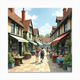 Wandering Through A Quaint English Market Town, Watercolor With Charming Shops 1 Canvas Print