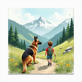 A German Shepherd And A Boy Hiking In The Mountains, Watercolor 1 Canvas Print