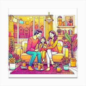 Happy Family In The Living Room Canvas Print