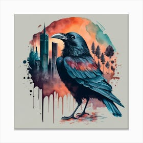 Crow Cityscape - raven and a city, natural scenery, watercolor art . Canvas Print