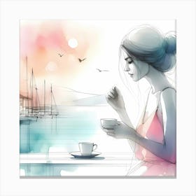 Watercolor Girl Sitting On The Balcony Canvas Print