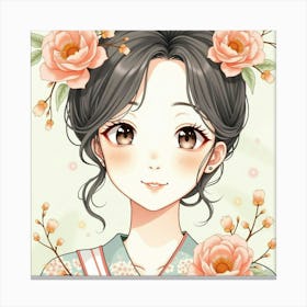 Portrait Of A Japanese Woman With A Soft Smile, Delicate Features Framed By Flowers, Watercolor Canvas Print