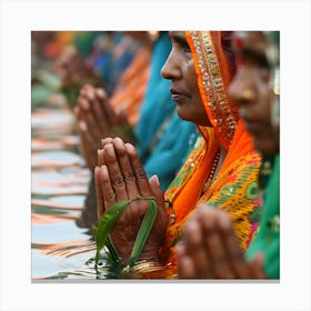 Indian Women Praying In The Water Canvas Print