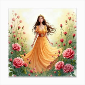 Radiant Young Queen In A Watercolor Garden With Vibrant, Blooming Roses Canvas Print