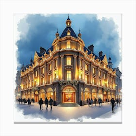 Watercolor Scene Of The Harrods Department Store In London, With Its Grand Exterior And Festive Lights Canvas Print