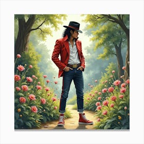 Michael Jackson In A Watercolor Enchanted Garden 1 Canvas Print