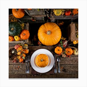 An Autumnal Photography Arrangement Depicting A Vibrant Orange Gourd Amidst A Thanksgiving Meal Sett Canvas Print