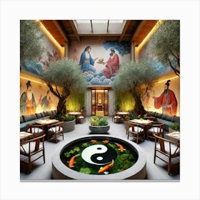 A Tranquil Courtyard Interior With A Yin Yang Koi Canvas Print