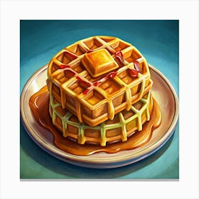 Stack Of Waffles With Syrup, Butter And Jam Canvas Print