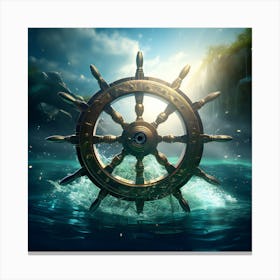 Ship Wheel In The Water. Ship Steering Wheel Sea and Sky Meditation. Canvas Print
