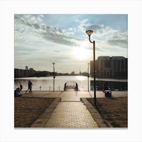 Sunset Over Dock In Canary Wharf Canvas Print