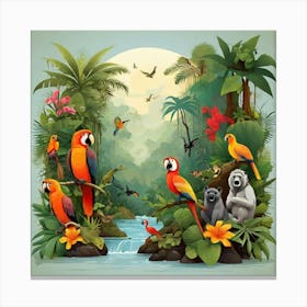 Tropical Jungle With Parrots Canvas Print