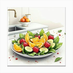 Watercolor Portrayal Of A Fresh And Vibrant Fruit Salad With Citrus Dressing On A Chic Kitchen Countertop Canvas Print