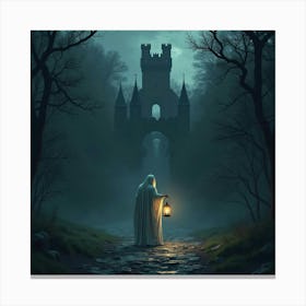 Ghostly Figure Holding A Lantern In An Abandoned Castle 1 Canvas Print