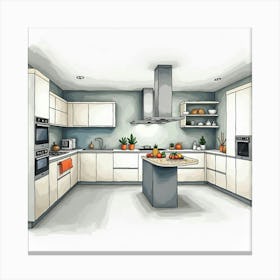 Modern High Tech Kitchen In Watercolor, With Sleek Appliances And Clean Lines Canvas Print