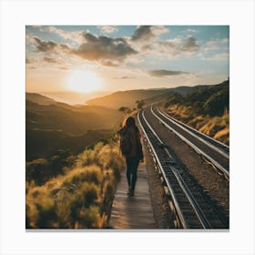 Woman Walking On Train Tracks At Sunset Canvas Print