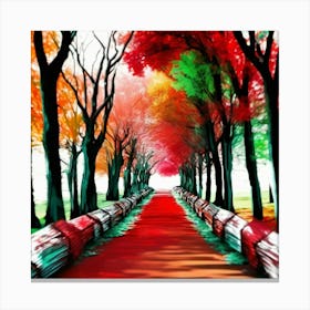 WALKING DOWN A DIRT TRACK TREES BIG CANOPY RED A HUE THROUGH THE MIDDLE OF THE PATH Canvas Print