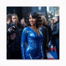 An Ethopian Black Woman Voluptuous Sexy Wearing An Elegant Blue Latex Dress Over Shoulder Long on the Red Carpet - Created by Midjourney Canvas Print
