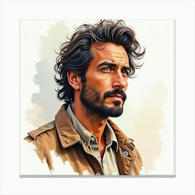 Spanish Man With A Rugged Look, Watercolor With Earthy Shades 1 Canvas Print